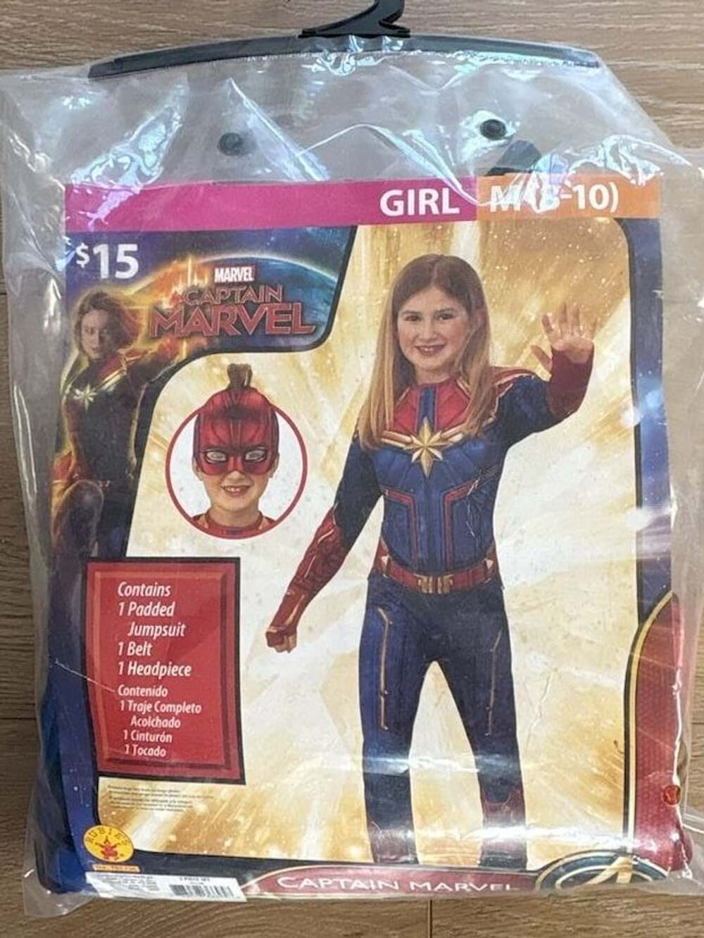 Marvel Captain Marvel Costume Size 8-10 Padded Jumpsuit and Headpiece